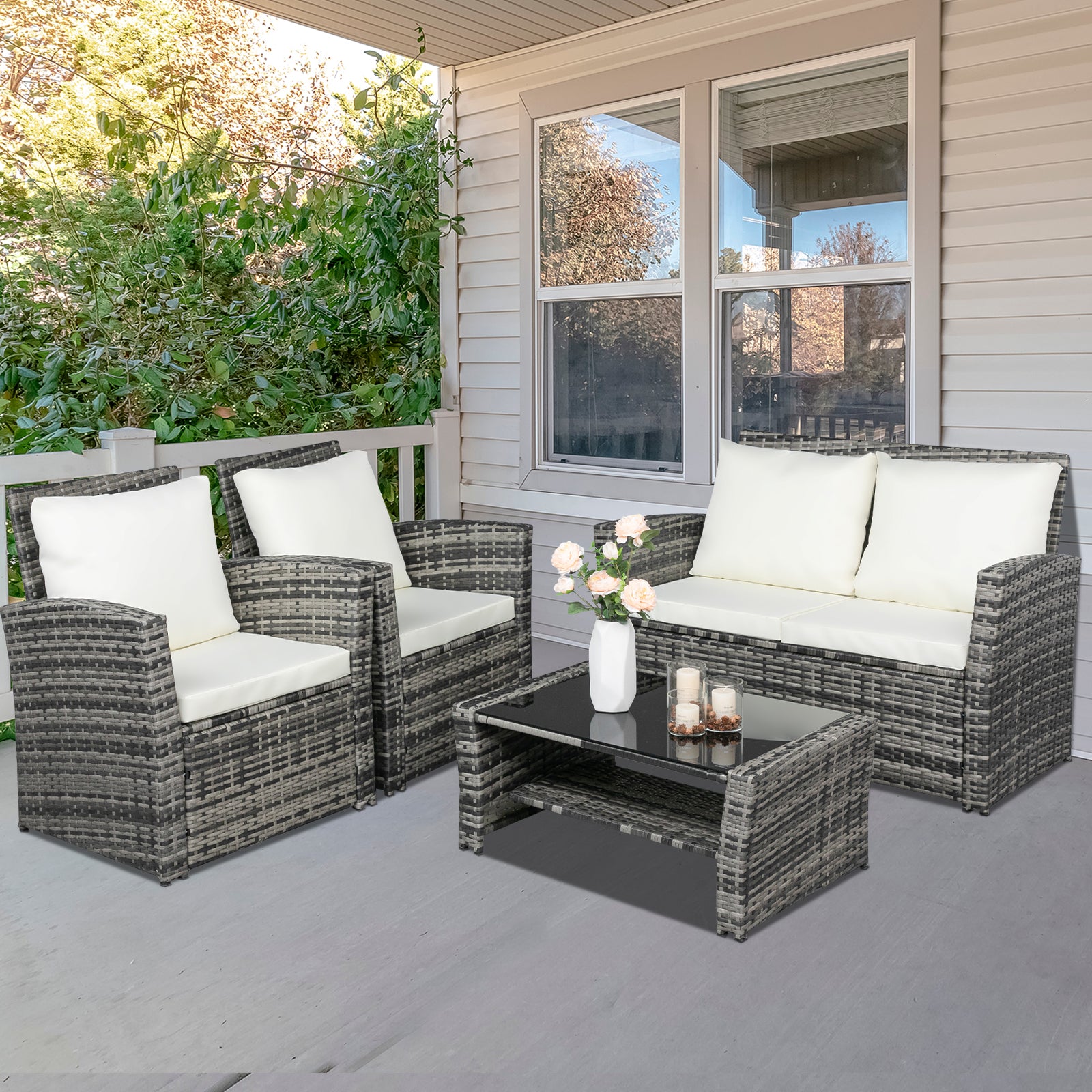 4 Full Chair Grey Rattan Garden Furniture Set