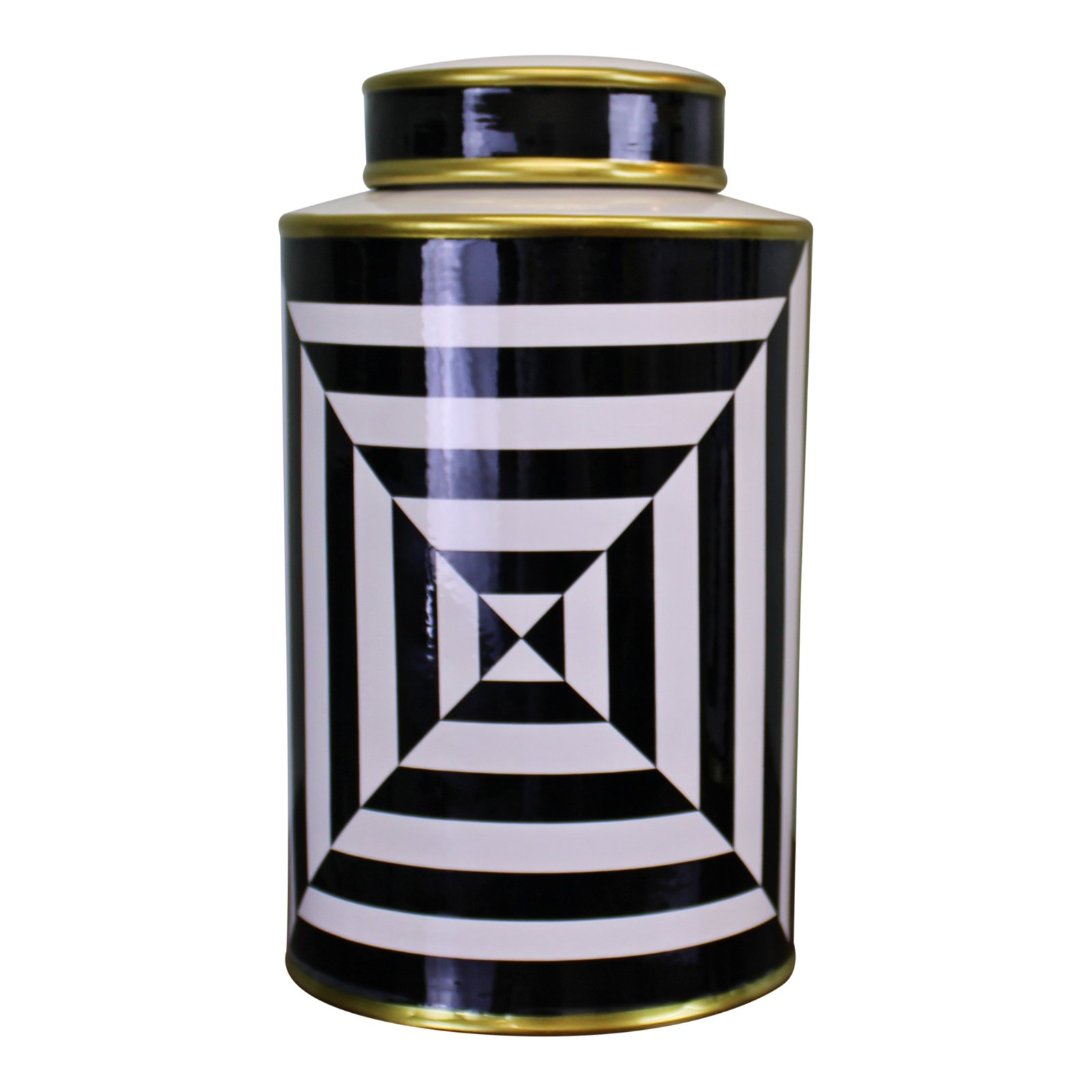 Black/White/Gold Ceramic Lidded Vase, Geometric Design 29cm