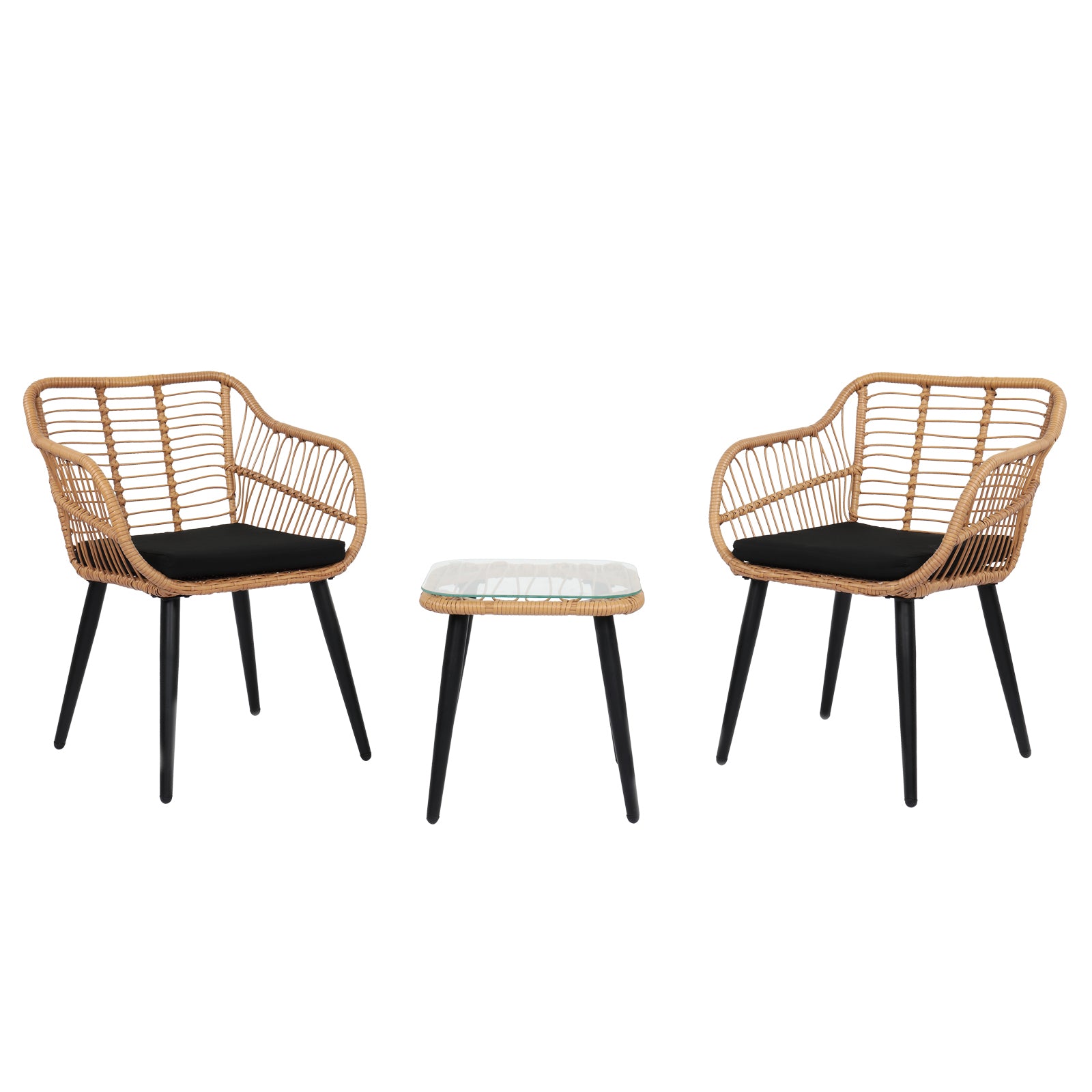 3 Piece Rattan Wicker Bistro Set with Glass Top Table