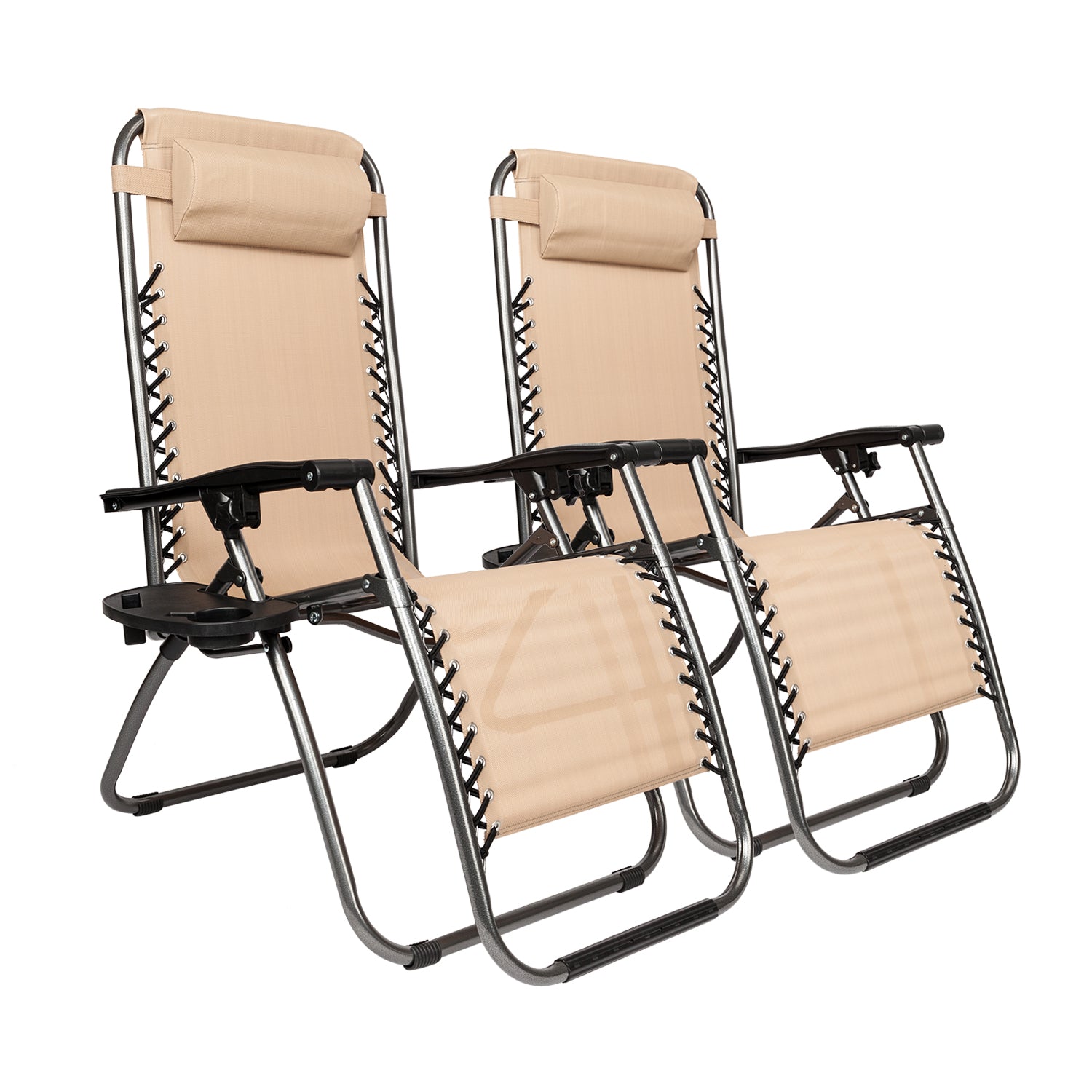 Khaki 2Pcs Folding Chairs With Cup Holder