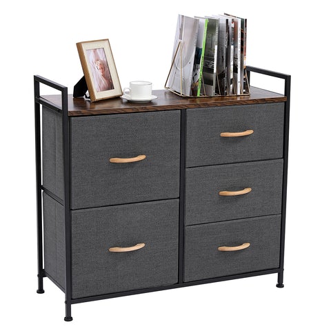 Wooden Handle 5 Drawer Dresser -  Dark Grey