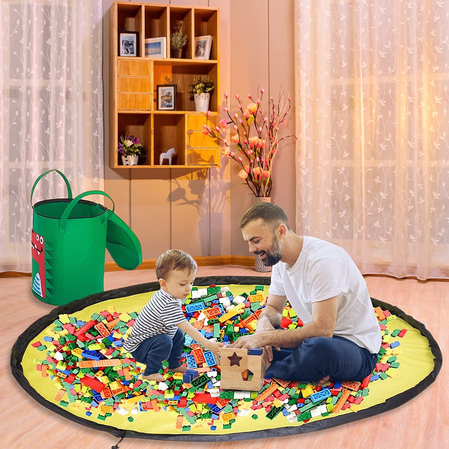 2 In 1 Pull Rope Play Mat Storage Bucket
