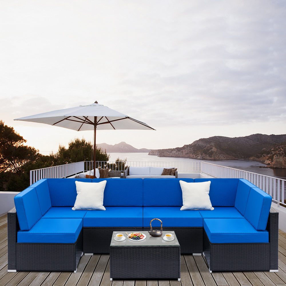 6 Seater Blue Rattan Sofa Set