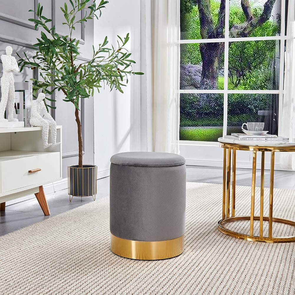 Grey Gold Trim Velvet Ottoman